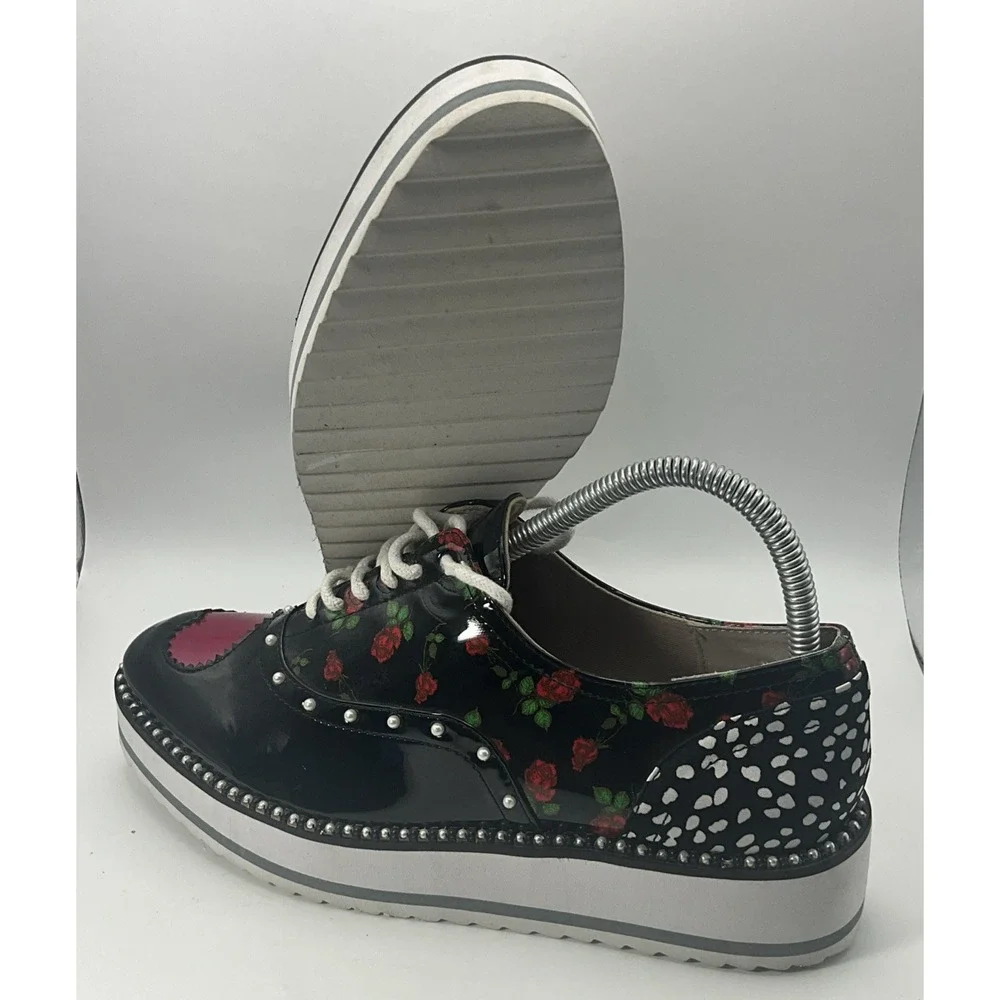 Betsey Johnson Marti Platform Oxford Shoes 7.5 Patent Leather Punk Pearls Hearts